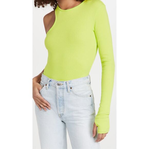 AGolde Bea Asymmetric Cutaway Thong Bodysuit Lime Green Thumb Hole Size Large - Picture 2 of 16